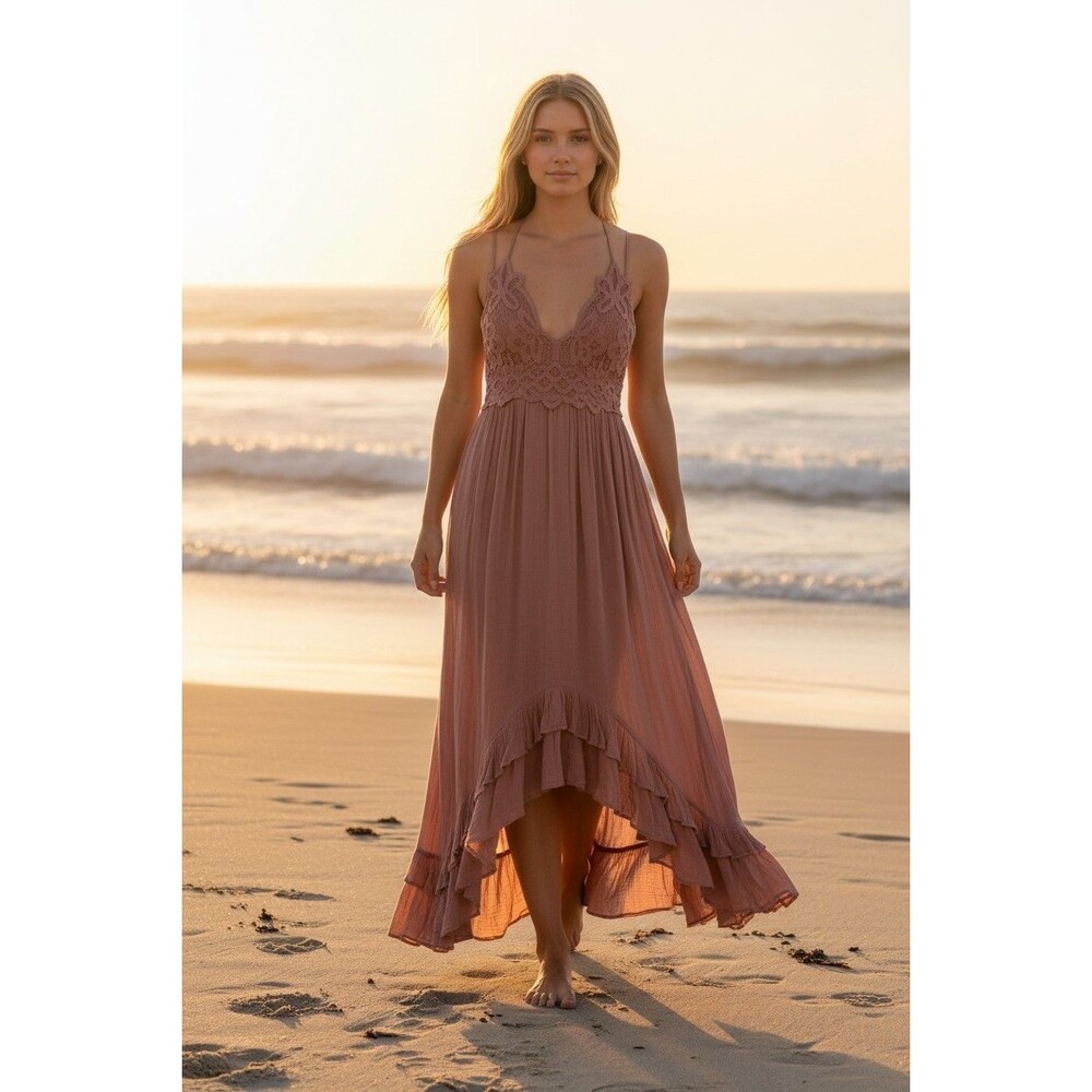 Free People Flowy Strappy Maxi Dress XS Dusty Rose Boho Festival Ethereal Fairy